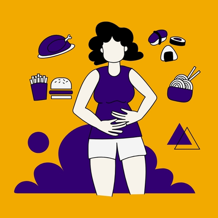 Illustration of hungry woman surrounded by thoughts of food