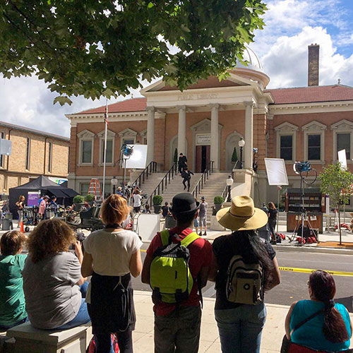 crowd watches the filming of Murdoch Mysteries